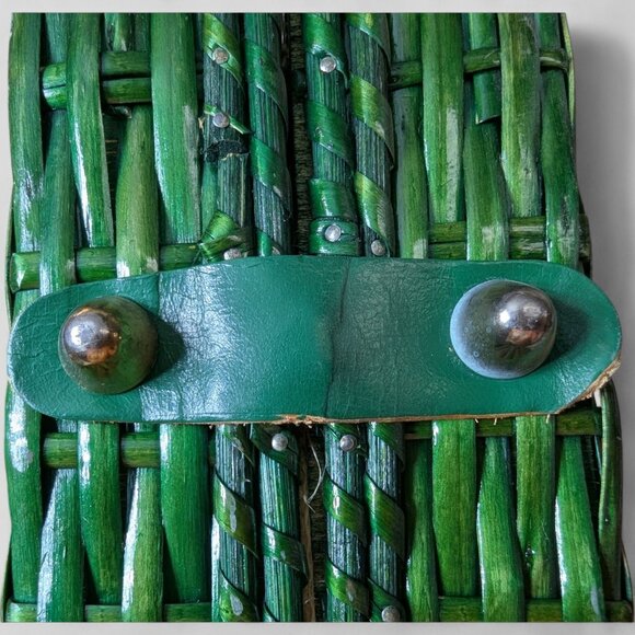 Vintage Green Wicker Rattan Satchel Briefcase Purse Bamboo Handle  14"X10" MCM - Picture 13 of 16